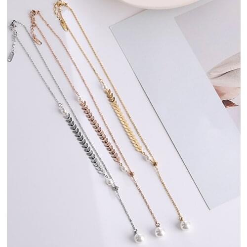 Pink Gold Plated Stainless Steel Leaf Necklaces For Women Chains, Fashion Simulated Pearl Necklaces Jewelry On The Neck
