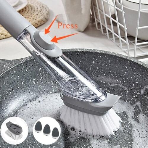 Kitchen Cleaning Brush 2 In 1 Long Handle Cleaing Brush with Removable Brush Sponge Dispenser Dishwashing Brush Kitchen Tool
