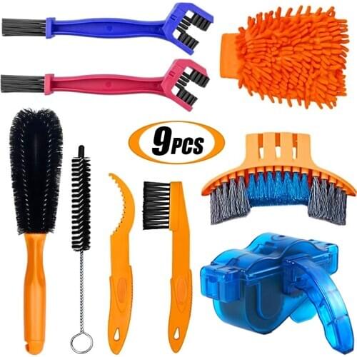 9pcs Bike Chain Cleaner Bike Cleaning Motorcycle Chain Cleaner Bicycle Tool Kits Tire Brushes MTB Cleaning Gloves Accessories