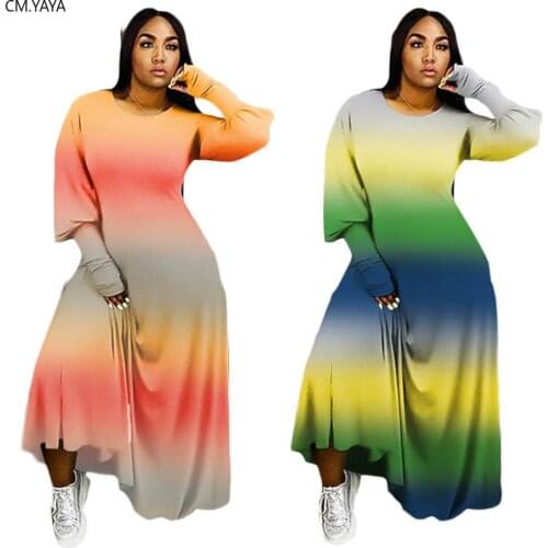 CM.YAYA Women Gradient Print Lantern Long Sleeve O-neck A-line Bodycon Maxi Dress Streewear Active Wear Long Dresses