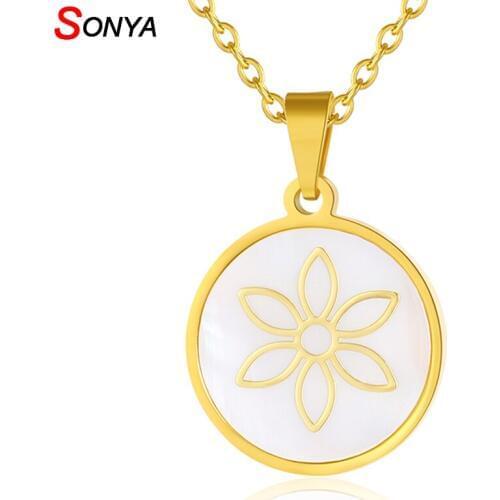 SONYA Stainless Steel Yoga Lotus Flower Necklaces Gold Color Round Shell Young Sports Jewelry Women Necklaces Birthday Gifts
