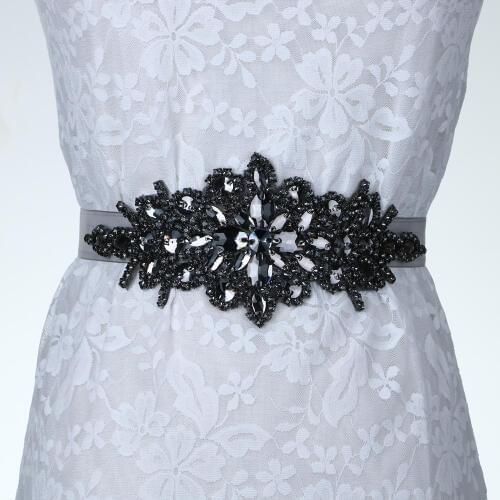 Bridal Crystal Rhinestone Braided Wedding Dress Sash Belt Black stone white Ribbon