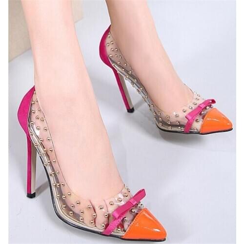 Crystal heel Super heel shoes sexy Nightclub Rivet shoes Fine with a pointed toe Large code transparent pump Sapato Feminino