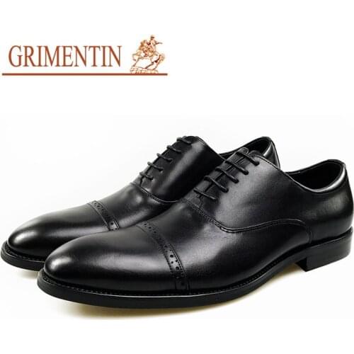 GRIMENTIN Brand Men Dress Shoes Genuine Leather Black Classic Vintage Formal Business Wedding Shoes Fashion Lace Up Oxford Shoes