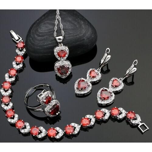 Heart Shaped Red Stone 925 Silver Bridal Jewelry Sets for Women Wedding Accessories Earrings/Pendant/Necklace/Ring/Bracelet
