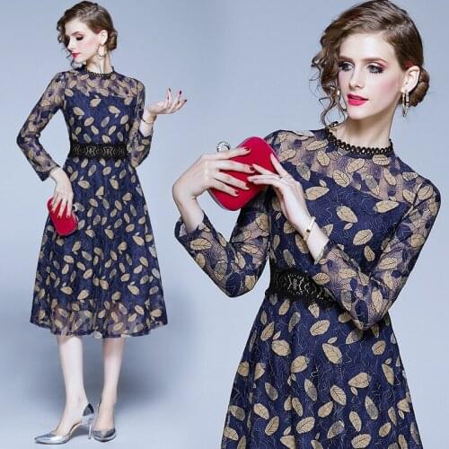 Spring and Autumn Womens New High-End Slim-Fit Lace Elegant Temperament Long-Sleeve Dress