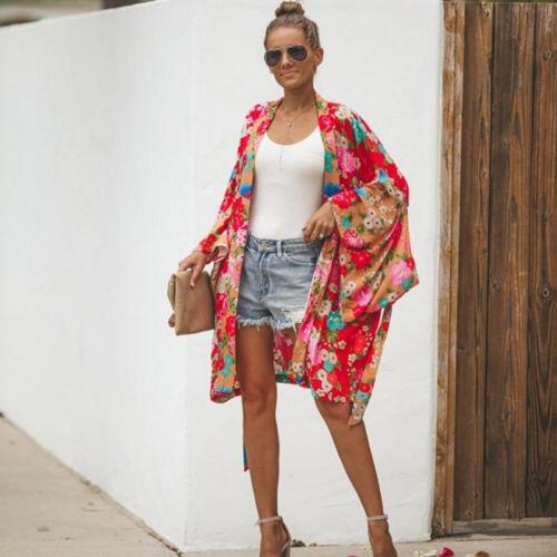 Women Chiffon Flower Kimono Blouse Lady Girls Boho Floral Cardigan Beach Swim Cover Up Top