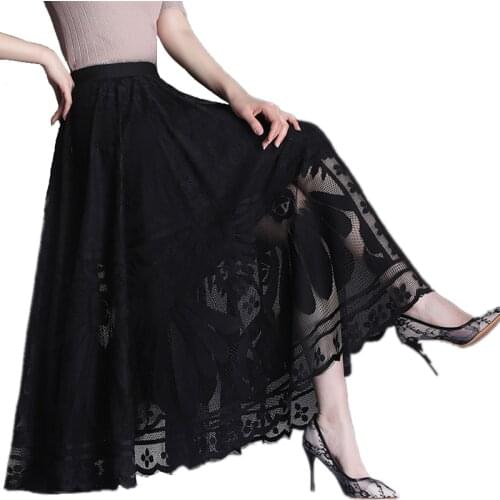2021 New Spring Autumn Women High Waist Slim Big Hem Long Skirt High Quality Elegant Vintage Black Lace Skirt