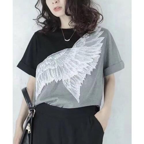 Embroidery Wing Patchwork Women T-Shirts Summer New 2021 O-Neck Loose Casual All Match Female Pulls Tops Tees