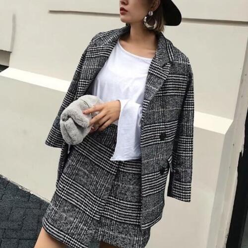 Women Suits New retro British lattice wool suit jacket + irregular cut lattice half skirt suit female