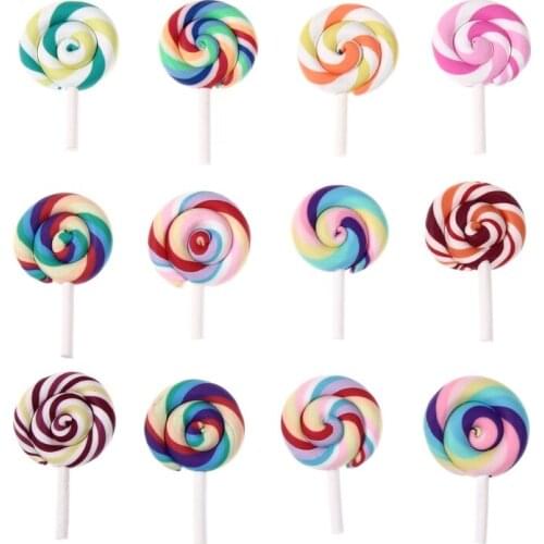 100Pcs Colorful Lollipops Clay Pendant Charms Big Size Rainbow Swirl Lollipop Candy Embellishment for DIY Craft Supplies