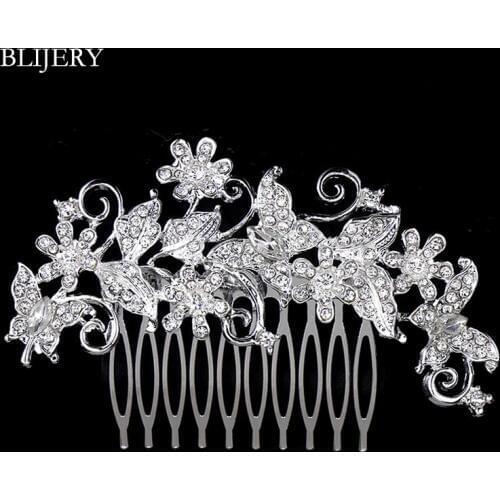 BLIJERY Romantic Charming Floral Bridal Hair Combs Wedding Hair Jewelry for Women Silver Color Crystal Brides Hair Accessories