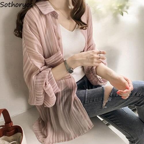 Blouses Women Korean Style Striped Sun-proof Breathable Loose Oversize 4XL Chiffon Shirt Ladies Elegant Leisure Fashion Shirts