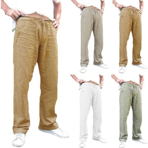 1Pc Summer Mens Pants quick-dry Breathable Solid Color Linen Trousers Casual Male Elastic Waist Straight Loose Pants Plus Size