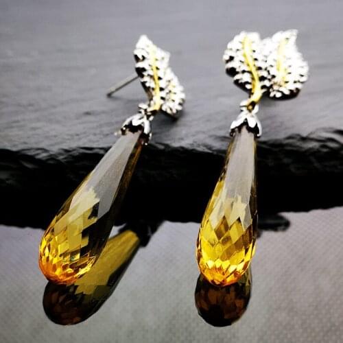Teardrop Crystal Bridal Long Earrings for Women Champagne Party Wedding Leaf Flower Pendant Earrings Drop Dangle Retro Jewelry