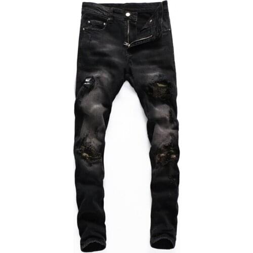 Streetwear Denim Punk Trousers Fashion Men Jeans Elastic Black Gray Camouflage Patches Ripped Jeans Men Slim Fit Hip Hop Pants