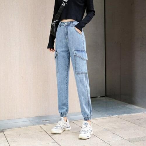 Spring Autumn New Loose Jeans Woman Straight High Waist Slimming Multi-pocket Beam Foot Tooling Old Pants Elasticated Trousers