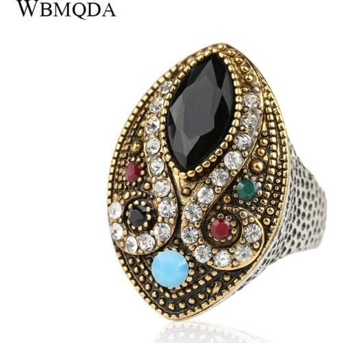 Hot 2018 Bohemian Vintage Luxury Big Antique Gold Ring Ethinc Crystal Silver Color Resin Rings Indian Jewelry Gifts For Women