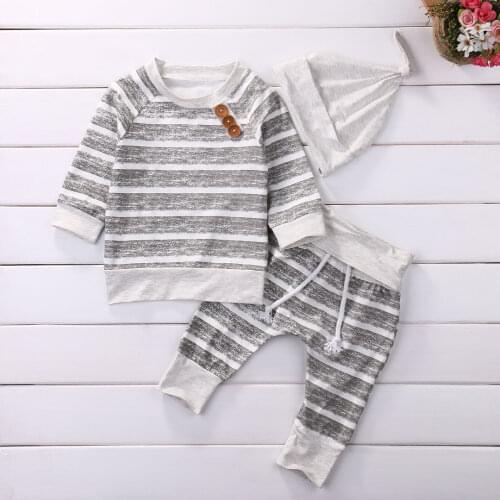 Cute 3pcs Newborn Baby Boys Clothes Set Fashion Striped Long Sleeve Tops T-shirt+Pants+Hat Outfit Boy Girl Clothing Outfits