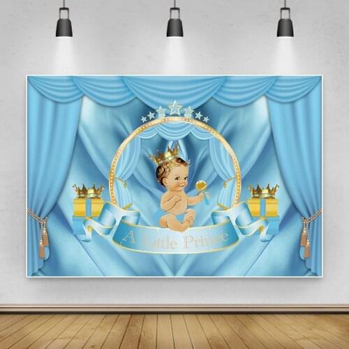 Laeacco Blue Curtain Crown Little Prince Baby Shower Birthday Party Photography Backdrop Customize Photo Background Photo Studio