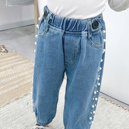 Menoea Baby Boys Girls Pearl Jeans Autumn Winter Pants 2021 Korean Denim Kids Clothes Long Cowboy Cotton Toddler Trousers 1-6Y