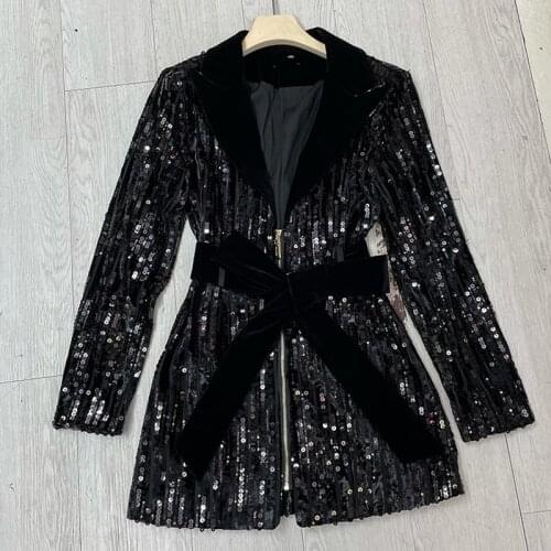 Fashion Designer 2021 Autumn Winter Coat Women Black Long Sleeve Sequins Belt Offices Lady Coat