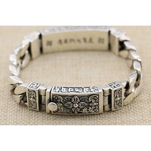 Solid 925 Sterling Thai Silver Mens Buddha Vajra Chain Link bracelet bangle jewelry A3170
