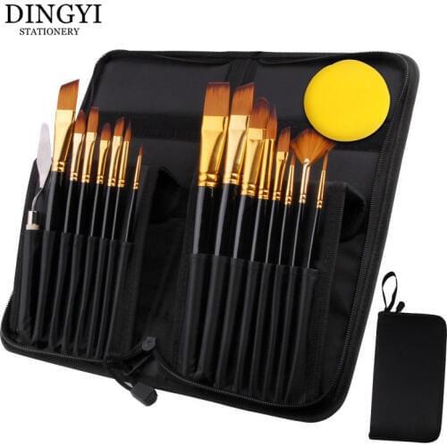 17Pcs Professional Paint Brush Set With Canvas Bag for Watercolor Acrylic Painting Brush Art Supplies Craft Long Wooden Handle