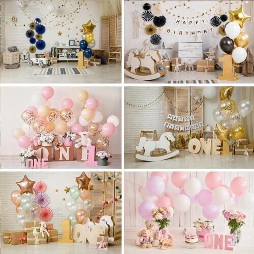 One Birthday Cake Smash Photography Backdrop Balloons White Brick Wall Toys Children Newborn Portrait Background Photo Studio