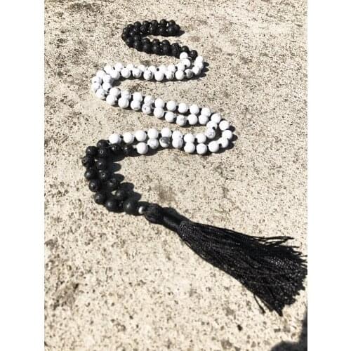 White Howlite and Lava Stone Necklaces 108 Mala Beads Prayer Tassel Necklace Knotted Necklace Yoga Necklaces Buddha Jewelry