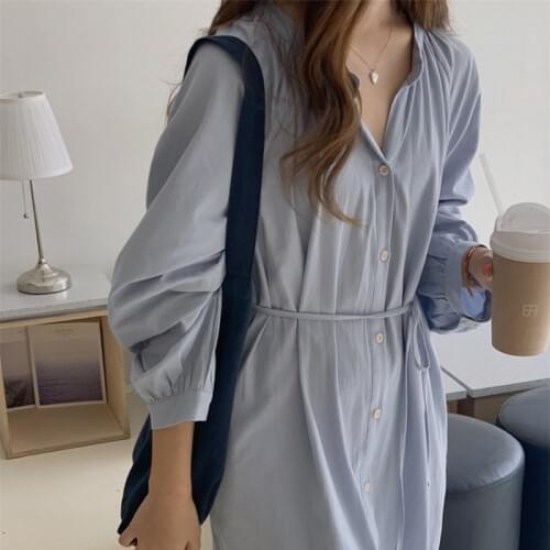 Colorfaith New 2021 Womens Spring Summer Shirt Dresses Fashionable Korean Style Oversize Elegant Lace Up Long Dress DR1817