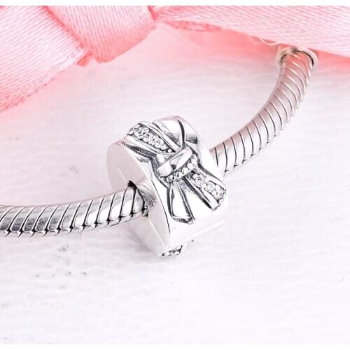 Fits For Pandora Charms Bracelets Shiny Bow Clip Beads with Clear CZ 100% 925 Sterling-Silver-Jewelry Free Shipping