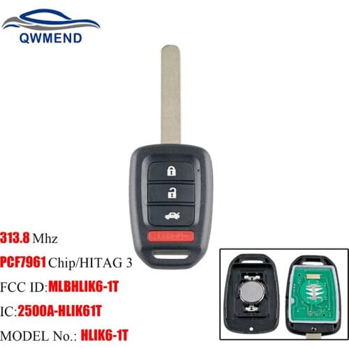 BHKEY 3+1Buttons Remote key For Honda MLBHLIK6-1T 313.8Mhz PCF7961 Chip For Honda Accord Sport Accord LX Civic 2013 2014 2015