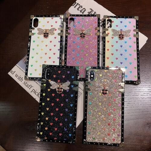 Luxury Shiny Square Bee Phone Case For iPhone 12 11 Pro Max 6 6s 7 8 Plus X XR XS Max SE 2 Fashion Glitter Shockproof Back Cover