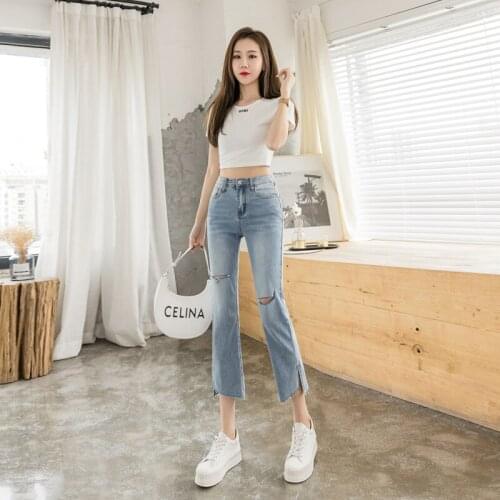 High Waisted Ripped Jeans for Women Korean Fashion Trends Casual Clothing Teenage Girls Streetwear Straight Leg Slit Denim Pants