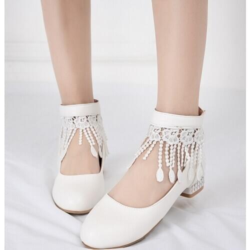 Summer sweet lace tassel shallow mouth cute round head princess student womens shoes single shoes flat heel woman cosplay
