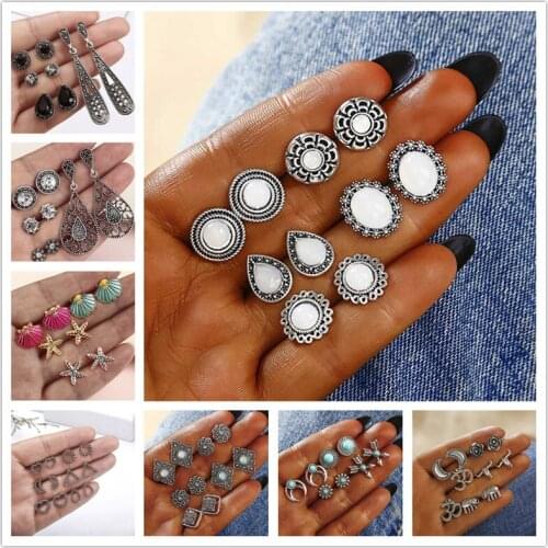 Vintage Geometric Stud Earrings Set For Women Girls 2018 Fashion crustal Flower shell Small Earrings Boucle d'oreille Femme a68