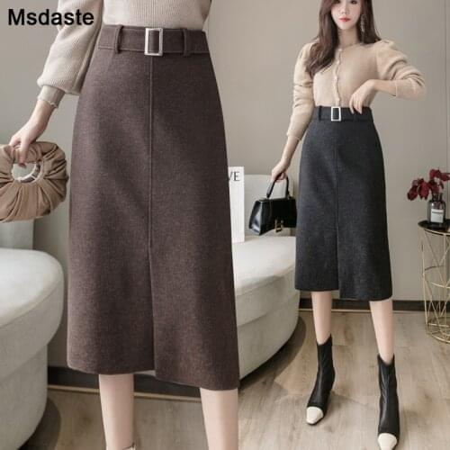 Woolen Skirts Women High Quality High Waist Belted Woman Saia Mid-calf Workwear Office Winter Bodycon Warm Woman Skirts