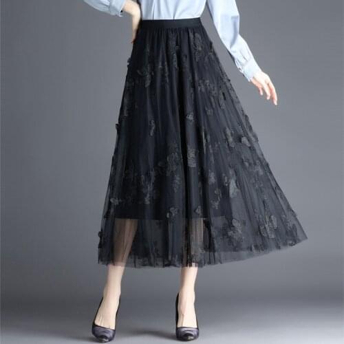 Gauze Midi Skirts Female Half-length Spring & Autumn 2021 Pleated High Waist A-line Large Swing Mesh Skirt Women BSQ462