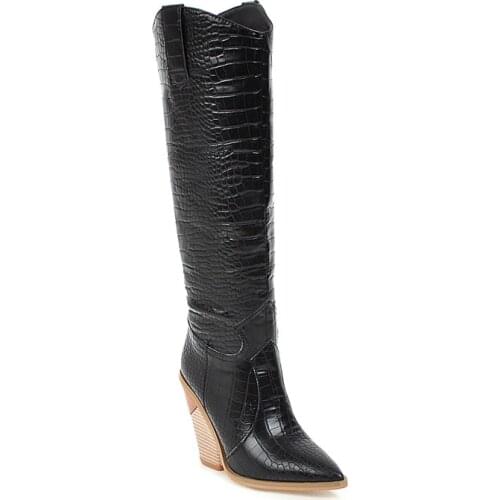 Salu Fashion Microfiber Leather Women Knee High Boots Western Pointed Toe Boots Chunky High Heels Motorcycle Boots Size 34-48