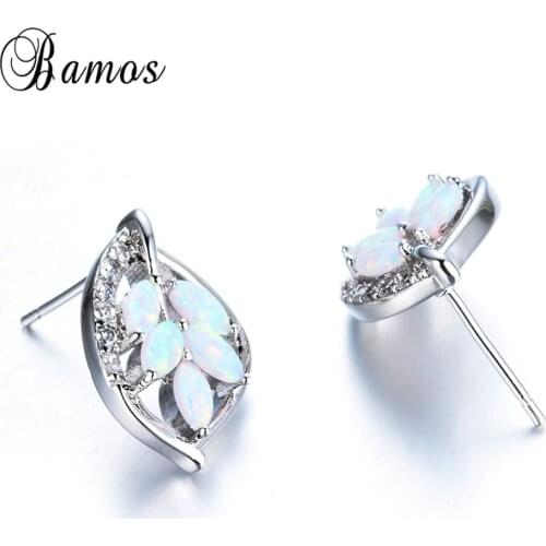 Bamos Unique Oval Blue & White Fire Opal Hollow Leaf Shape Stud Earrings For Women Silver Color Fashion CZ Jewelry