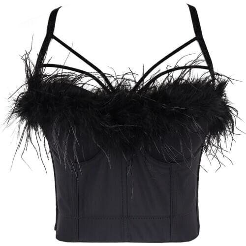 2021 New Women Strap Camisole Top Ostrich Feather Fashion High Quality Crop Top Bustier Bra Night Club Party Tank Tops y738