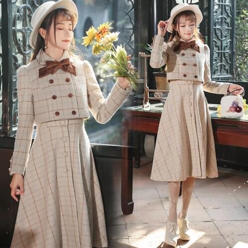 Ladies Winter Retro Suit Short Jacket Plaid Bowknot Double Breasted Top + Waist Strap Dress 2-piece Set
