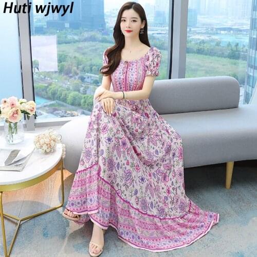 Plus Size Elegant Beach Maxi Sundress 2021 Floral Chiffon Boho Midi Dress Summer Print Vintage Women Bodycon Pink Party Vestidos