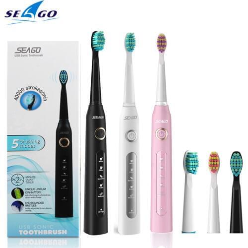 Seago SG-507 Sonic Electric Toothbrush Adult Timer Brush USB Rechargeable Electric Tooth Brushes with 3pc Replacement Brush Head