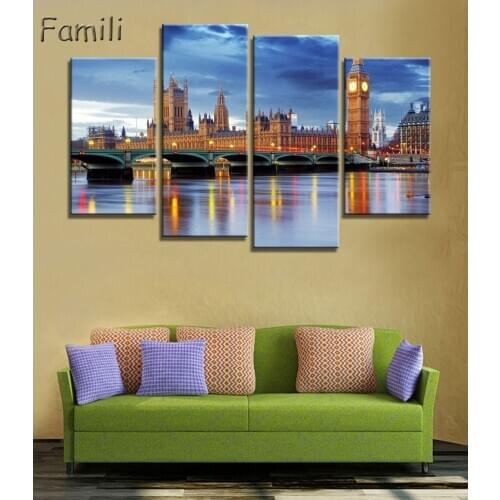 Home Decor Frame Modern HD Printed Canvas Painting 4 Pieces Black White Wall Art Pictures London City Streetscape Poster PENGDA