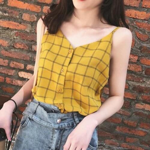 75% New Arrival!!! Women Camisole Adjustable Spaghetti Straps Plaid Tank Top Fashion V Neck Buttons Vest for Summer