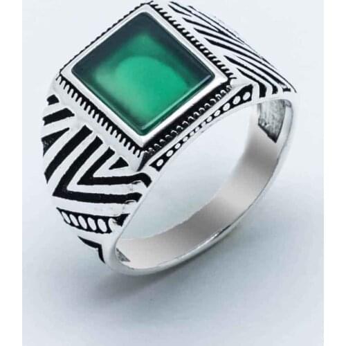 925 Sterling Silver Ring for Men with Green Agate Stone