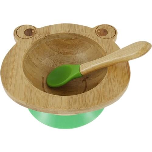 Bamboo Baby Bowl Toddler Baby Suction Bowl and Spoon Set Kids Bowl Non-slip Feeding Bowl with Matching Silicone Kids Utensils