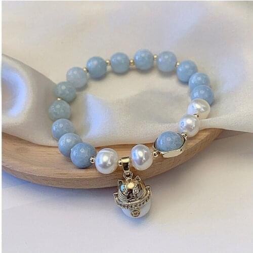 Natural Aquamarine Freshwater Pearl Retro Transit Bracelet Lucky Cat Handmade Female Hand Jewelry